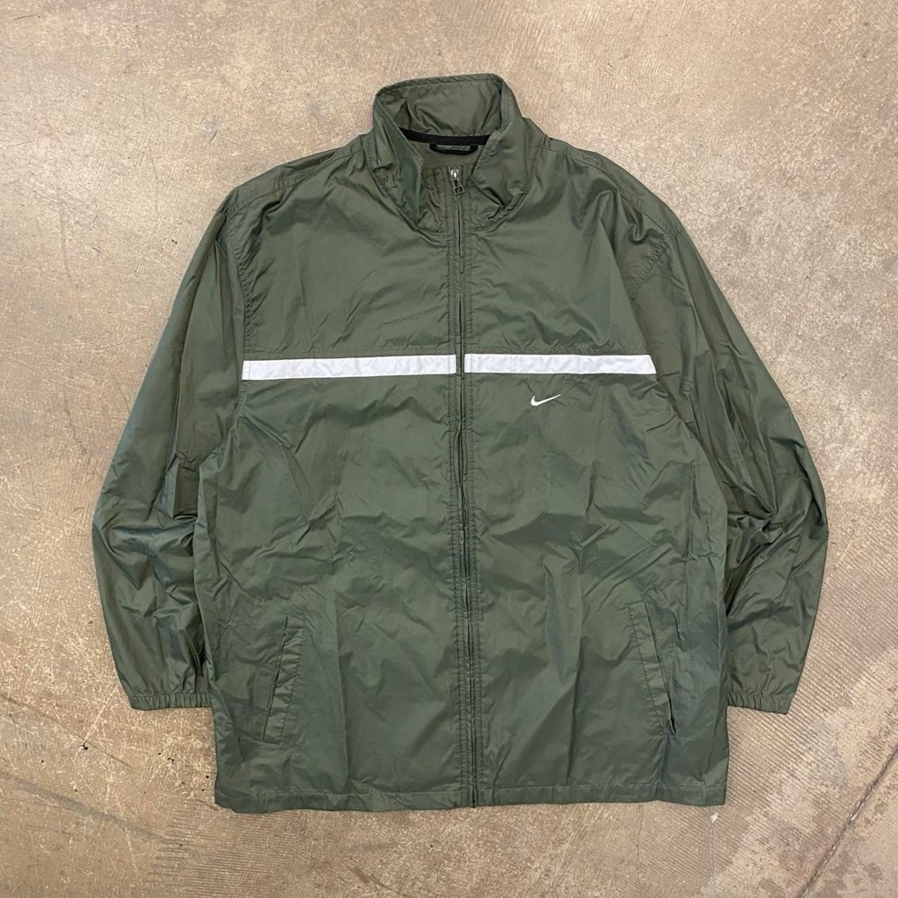 Vintage 90s Nike Full Zip Military Green White Stripe Windbreaker Jacket Large